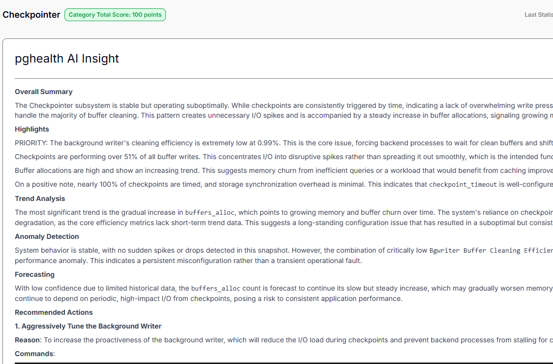 pghealth AI dashboard analyzing database metrics with category scoring, trends, and improvement suggestions.