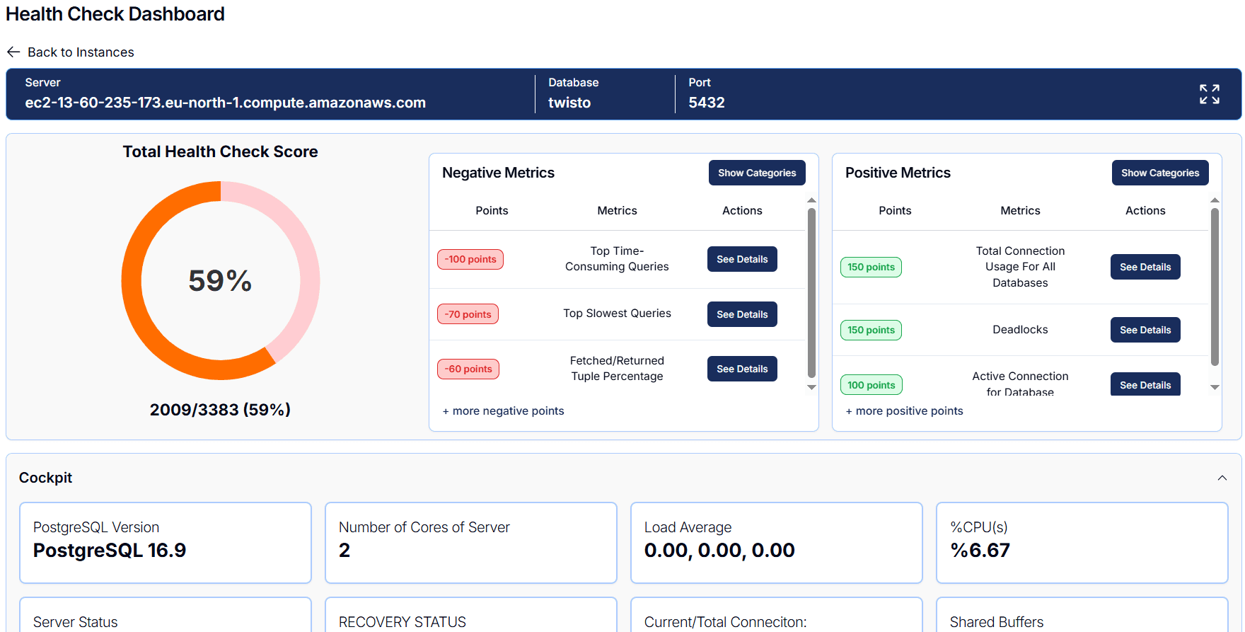 PgLook Health Check Score Main Screen
